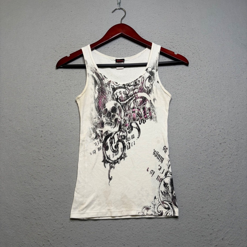 Skin Industries Tank Top Women Small White Skull Graphic Y2K Distressed Ribbed